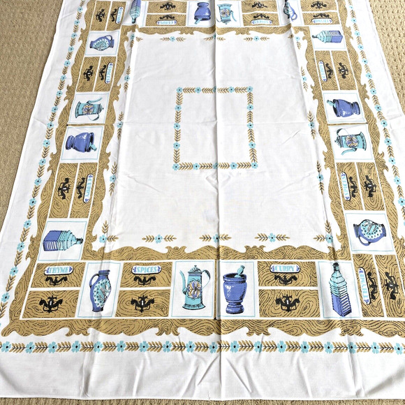 Vintage Mid Century Cotton Tablecloth Colonial Motif Blue & Tan 40" X 50" Flaw - Picture 2 of 10